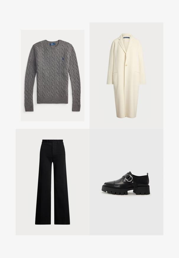 Polo Ralph Lauren - Klasyczny płaszcz; Szary sweter warkoczowy z okrągłym dekoltem i ściągaczami na rękawach oraz dole. Na piersi mały niebieski haftowany logo.; Czarne spodnie o szerokich nogawkach, wykonane z tkaniny tkanej, z wysokim stanem, z przodem zapinanym na guzik i kieszeniami bocznymi. Gładka faktura i czyste linie.; Czarne skórzane buty z masywną, żebrowaną podeszwą, z okrągłym akcentem ze srebrnego metalu i minimalnymi detalami szwów.