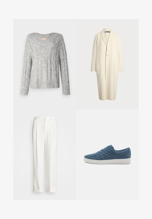 Polo Ralph Lauren DOUBLE FACED WOOL COAT - Classic coat - cream; Gray cable-knit sweater with a V-neck, long sleeves, and ribbed hem. The texture appears soft and chunky, featuring a classic pattern.; White tailored trousers with two front pleats, straight cut, and folded hems. Made of smooth fabric, featuring a classic design.; Blue textured canvas sneakers with a white rubber sole, featuring six blue eyelets and a logo on the heel. Designed in a low-top silhouette.