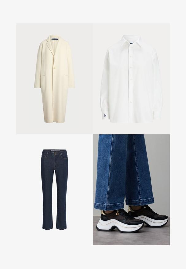 Polo Ralph Lauren DOUBLE FACED WOOL COAT - Klasičan kaput - cream; Bijela košulja s dugim rukavima, klasičnog ovratnika, i malim plavim logotipom na manžetama. Glatka pamučna tkanina, strukturirani kroj.; Tamno plave traperice ravnog kroja s prednjim džepovima, petljama za remen i zatvaranjem na gumb.; Crne i zlatne tenisice s zakrivljenim bijelim potplatom. Teksturirani materijal s logotipnim detaljima. Uparen s širokim plavim trapericama.
