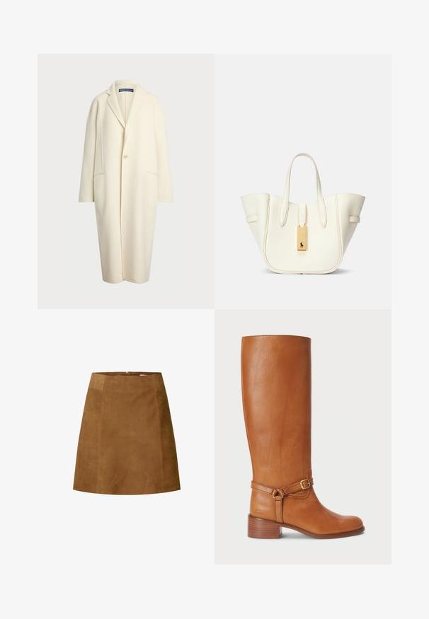 Polo Ralph Lauren DOUBLE FACED WOOL COAT - Klasični plašč - cream; Kratek rokav, prugast top v kremni in mornarsko modri barvi, z okroglim izrezom in kvadratnim dizajnom ter teksturirano tkanino.; Rjava nubuk mini krilo s ravnim rezom, ki ima gladko teksturo in zadrgo na hrbtu. Enostaven dizajn brez dodatnih okraskov.; Visoke rjave usnjene škornje z gladko površino, ki imajo stranski pas z zaponko in nabraljen pet. Zgornji del ima čist, neokrasen dizajn.; Bela usnjena torba z obliko, ki ohranja strukturo, izrazitim šivom, zlatim kovinskim dodatkom in dvema ročkama. Teksturna površina s stranskimi žepi.