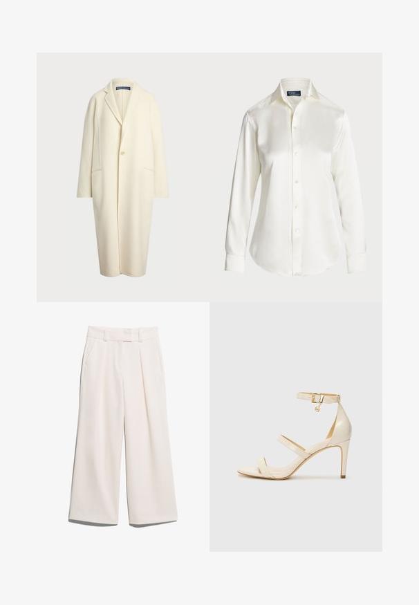Polo Ralph Lauren DOUBLE FACED WOOL COAT - Klasični plašč - cream; Bela dolgimi rokavi gumbasta srajca, izdelana iz gladkega materiala, z klasičnim ovratnikom in rahlim sijajem, okroglo krojena z gumbnimi detajli.; Široke hlače v svetlo kremni barvi, narejene iz gladkega blaga, z dvema sprednjima žepoma in vidno šivanim pasom.; Bež čevlji na visoki peti s tankim trakcem okrog gležnja in dvema zgornjima trakoma. Sijajna lakirana površina in zlat detajl na trakcu okrog gležnja.