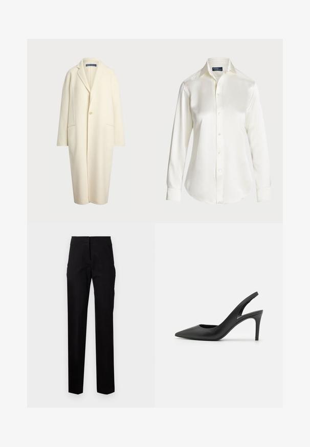 Polo Ralph Lauren DOUBLE FACED WOOL COAT - Klasični plašč - cream; Bela dolgimi rokavi gumbasta srajca, izdelana iz gladkega materiala, z klasičnim ovratnikom in rahlim sijajem, okroglo krojena z gumbnimi detajli.; Črne elegantne hlače s ravnim krojem, ki imajo ravno sprednjo stran, zanko za pas in stranske žepke. Gladka tkanina z minimalnimi detajli šivanja.; Črne usnjene slingback visokih petah s koničastim nosom, ki vključujejo izrez spredaj in tanko stilettoteko.