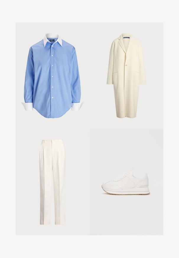 Polo Ralph Lauren DOUBLE FACED WOOL COAT - Casaco clássico - cream; Camisa botão azul claro com mangas longas e um colarinho branco em contraste. Apresenta uma textura suave e cinco botões frontais.; Polo Ralph Lauren HEMP WIDE LEG PANT - Calças - nevis; Sapatilha branca de cano baixo com atacadores, sola acolchoada e sola de borracha bege, contra um fundo simples.