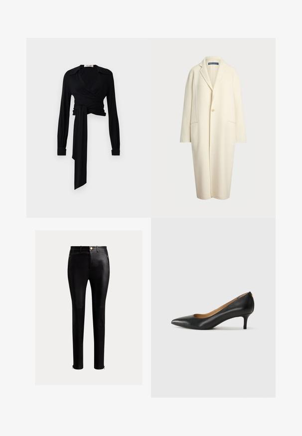Polo Ralph Lauren DOUBLE FACED WOOL COAT - Klassisk frakke - cream; Sort indpakningsbluse med lange ærmer, sprede krave og bindebånd i taljen. Lavet af et glat stof med en let struktur.; Sorte, tætsiddende bukser lavet af glat læder. Har lynlåslommer i siden og kontrasterende guldfarvede hardwaredetaljer ved anklerne.; Sorte læderpumper med spids tå, lav hæl og en glat tekstur. Har en let åbning foran og minimal hardware bagpå.
