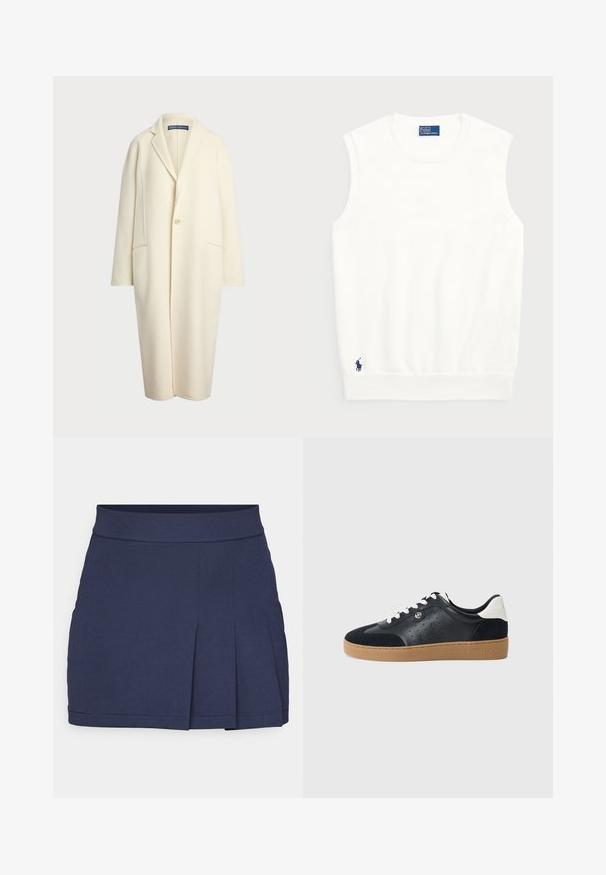 Polo Ralph Lauren DOUBLE FACED WOOL COAT - Κλασικό παλτό - cream; Λευκό αμάνικο πουλόβερ από απαλό βαμβάκι, με ριμπ τελείωμα και μικρό ναυτικό λογότυπο στο κάτω αριστερό μέρος. Απλός σχεδιασμός, χωρίς μοτίβα.; Ναυτικό μπλε πλισέ μίνι φούστα με λεία υφή, ζώνη στη μέση και καθαρά ραψίματα. Απλός και λειτουργικός σχεδιασμός κατάλληλος για διάφορες περιστάσεις.; Μαύρα δερμάτινα και σουέτ αθλητικά παπούτσια με καφέ λάστιχο. Διαθέτουν λευκές κορδόνες και μικρές τρύπες στα πλάγια. Παρών ο λογότυπος της Michael Kors.