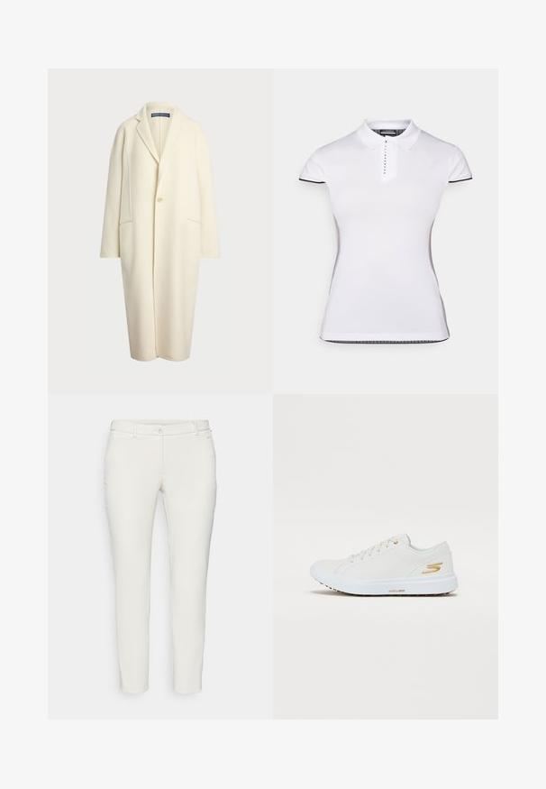 Polo Ralph Lauren - Klasyczny płaszcz; Biała koszulka polo z krótkimi rękawami, kołnierzykiem i zapięciem na guziki z przodu. Czarny akcent na rękawach i bocznych szwach. Miękka, gładka tekstura.; Białe slim-fit spodnie z gładkiego materiału, z zapięciem na guzik, dwiema przednimi kieszeniami i subtelnym akcentem logo w pobliżu pasa.; Biała tenisówka z gładką, syntetyczną cholewką, złotymi akcentami i solidną gumową podeszwą. Posiada okrągły czubek, sznurowaną konstrukcję oraz wyściełane wnętrze.