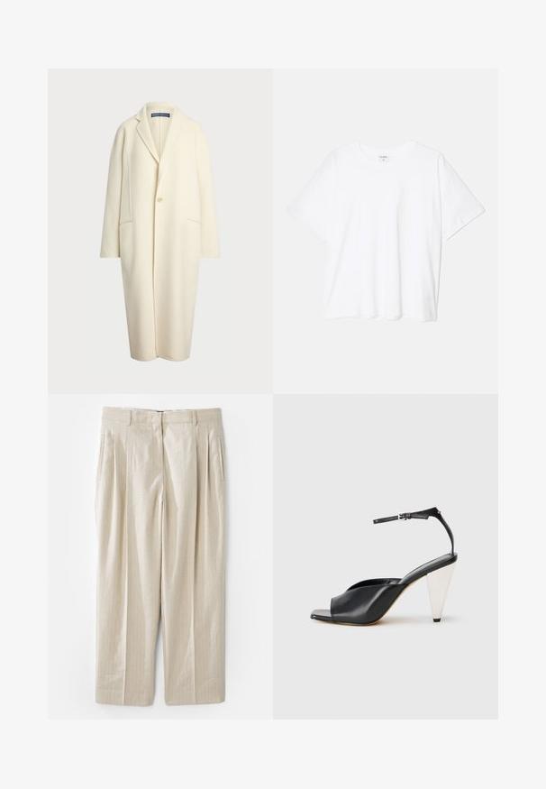 Polo Ralph Lauren DOUBLE FACED WOOL COAT - Klasický kabát - cream; Bílý bavlněný tričko s krátkým rukávem, kulatým výstřihem, volným střihem a šitým lemem. Nálepka viditelná na vnitřní straně výstřihu.; Béžové lněné kalhoty s vertikálními pruhy, nabízí volný střih, dvě postranní kapsy a plisovaný přední díl pro zvýšení textury.; Černé kožené sandály na vysokém podpatku s otevřenou špičkou, asymetrickým designem, ankle strap a kovovým kuželovitým podpatkem. Hladký povrch po celé délce.
