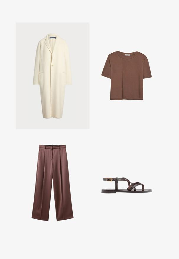 Polo Ralph Lauren DOUBLE FACED WOOL COAT - Classic coat - cream; Brown short-sleeve t-shirt made of soft fabric, with a round neckline and relaxed fit. No visible patterns or accents.; Wide-leg trousers in dark brown fabric with a smooth texture, featuring front pleats and side pockets. Tailored waistband without visible hardware.; Brown leather sandal featuring crisscross straps, an ankle buckle closure, and a flat sole with minimal stitching details.