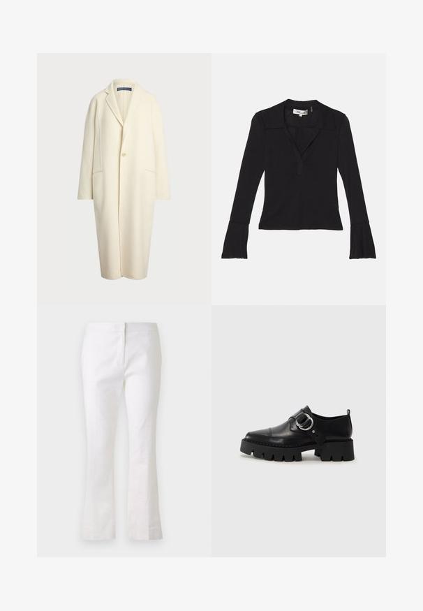 Polo Ralph Lauren DOUBLE FACED WOOL COAT - Manteau classique - cream; Diane von Furstenberg MACKENZIE - T-shirt à manches longues - black; Pantalons évasés blancs en tissu léger. Dotés d'un devant plat avec une fermeture éclair et d'une texture lisse. Design simple et épuré.; Chaussures noires en cuir avec une semelle épaisse et côtelée, présentant un accent en métal argenté circulaire et des détails de couture minimalistes.