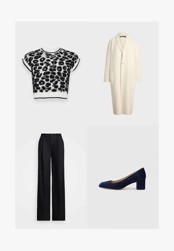 Polo Ralph Lauren DOUBLE FACED WOOL COAT - Klasický kabát - cream; Zkrácený pletený svetr s černobílým leopardím potiskem, krátkými rukávy a ripovým lemem na límci a spodním okraji.; Černé kalhoty s širokými nohavicemi s hladkým povrchem, plochým předním dílem, poutky na opasek a jedním knoflíkem na zapínání v pase.; Námořnicky modré semišové lodičky s špičatou špičkou a středně vysokým blokovým podpatkem. Hladká textura s jemným leskem a malým výřezem na přední části.