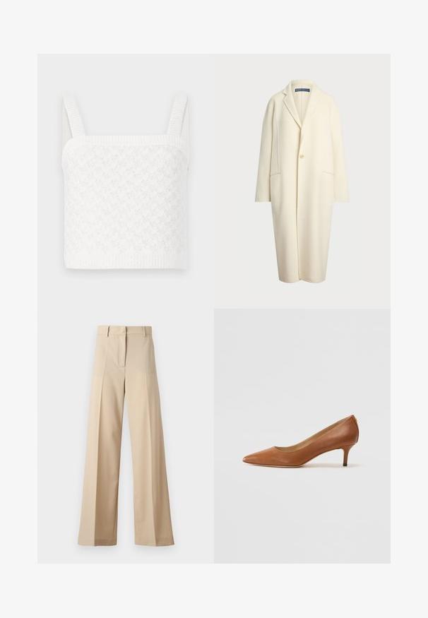 Polo Ralph Lauren DOUBLE FACED WOOL COAT - Klasický kabát - cream; Bílý pletený crop top se čtvercovým výstřihem, zdobený texturovanými vzory a širokými žebrovanými ramínky. Měkká tkanina s jemným leskem.; Beige široké kalhoty vyrobené z hladké tkaniny, s plochým předním dílem a záhyby, s zipovým zapínáním a poutky na pásek. Celkově střižené na míru.; Lauren Ralph Lauren ADRIENNE - Klasické lodičky - deep saddle tan