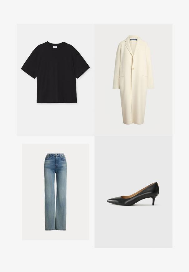 Polo Ralph Lauren DOUBLE FACED WOOL COAT - Klasični plašč - cream; Črna kratka majica s kratkimi rokavi iz bombaža. Ima sproščen kroj, okrogel ovratnik in brez vidnih vzorcev ali okraskov.; Modra kavbojka z visokim pasom in ravnimi nogavicami, z sprednjimi žepi, zankami za pas in gumbnim zapiranjem, z blagim postaranim detajlom.; Črne usnjene črpalke s koničastim nosom, nizko peto in gladko teksturo. Imajo rahlo odprtino spredaj in minimalno opremo zadaj.