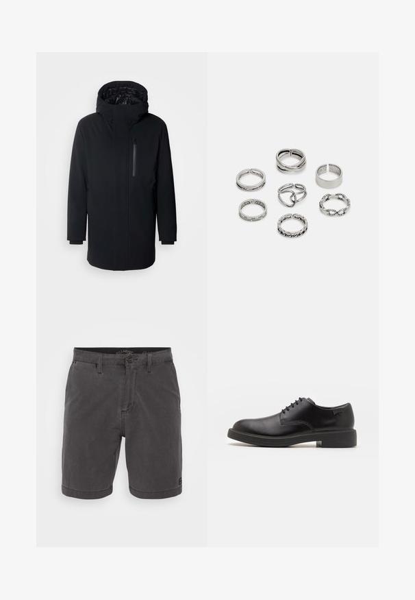 Strellson CROSS - Wintermantel - black; Zwarte coltrui van zacht materiaal, met lange mouwen en een snug fit. Geribbelde afwerking aan de onderkant en mouwen. Eenvoudig ontwerp.; Grijze katoenen shorts met een knoopsluiting, vier zakken en een geweven label op de zoom, met een rechte snit en een gladde textuur.; Zwarte leren veterschoen met een ronde neus, een gladde textuur, minimale stiksels en een lage rubberen hak. Logo op de hak.; Set van zeven zilveren ringen met verschillende ontwerpen, waaronder gedraaide, verbonden en gegraveerde patronen. Verschillende vormen en breedtes.