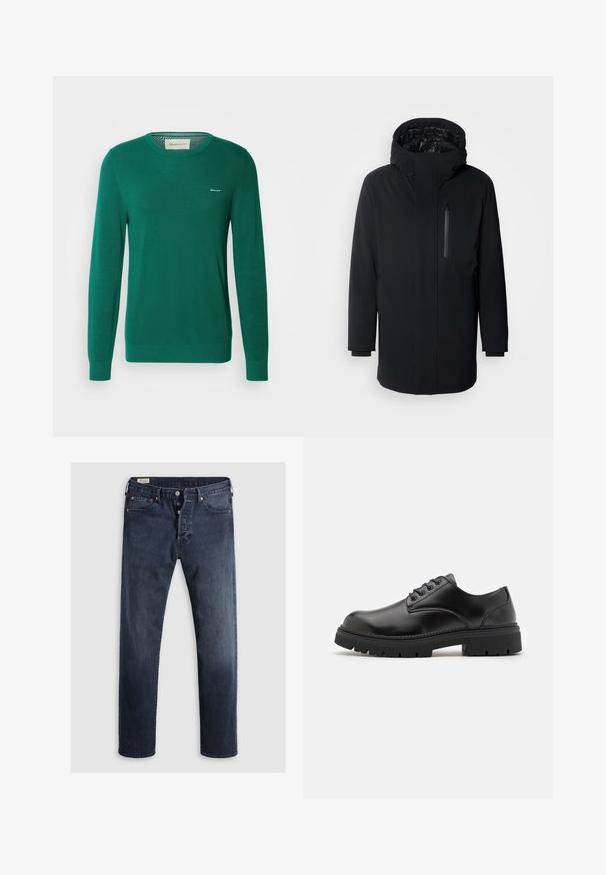 Strellson CROSS - Winter coat - black; Green knit sweater with long sleeves, crew neck, and a textured pattern. Features a small white logo on the left chest.; Dark blue denim jeans with a straight-leg cut, featuring a zip fly, metal buttons, and copper rivet accents. Smooth texture, no visible patterns.; Black leather shoes with a rounded toe, lace-up design, and a thick, textured rubber sole. Features stitching along the edge and a smooth finish.