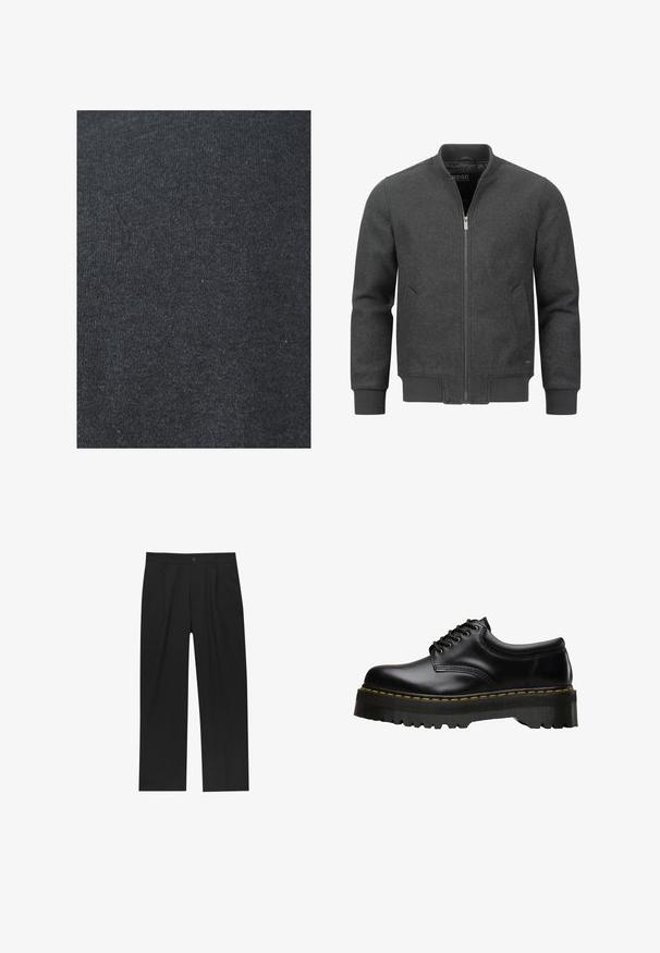 Tummanharmaa pommittaja-takki, jossa on vetoketju, uurrettu kaulus, hihansuut ja helma. Sisältää sivutaskut ja sileän kankaan tekstuurin.; Musta puuvillakangas, jossa on sileä pinta, näyttäen tasaisen neulekuvion ilman näkyviä koristeita tai metalliosia.; Mustat housut suoranlahkeisella muotoilulla, valmistettu sileästä kankaasta. Ominaisuuksiin kuuluu etupleateet ja yksi nappikiinnitys vyötäröllä.; Musta nahkainen nauhalenkkiavainkengät, joissa on paksu, sahalaitainen musta kumipohja ja keltaiset tikkaukset reunassa, näyttäen sileältä.