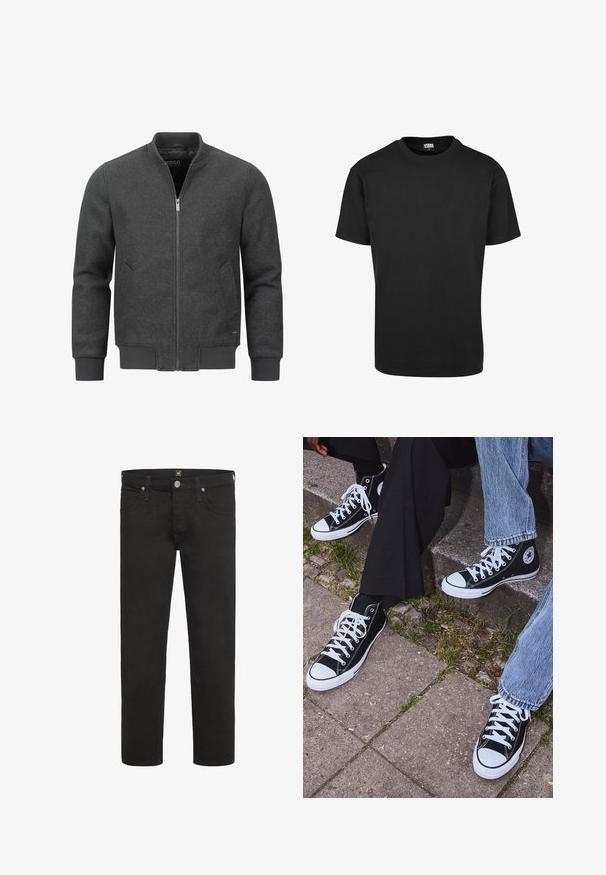 Chaqueta bomber gris oscuro con cremallera, cuello, puños y dobladillo acanalados. Cuenta con bolsillos laterales y una textura de tela suave.; Camiseta de algodón negra con cuello redondo, mangas cortas y dobladillo recto. Textura suave; diseño sencillo y sin adornos.; Vaqueros negros de pierna recta con cierre de botón y cremallera, bolsillos delanteros y traseros, y cinturas para cinturón, de la marca Lee.; Zapatillas de lona negras de caña alta con suelas y cordones de goma blanca, con un logo circular en el lado, combinadas con unos pantalones de mezclilla y negros.