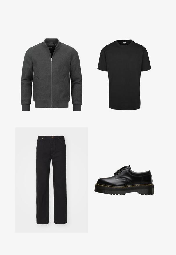 Donkergrijze bomberjack met rits, ribbelkraag, manchet en zoom. Heeft zijzakken en een gladde stofstructuur.; Zwarte katoenen T-shirt met een ronde hals, korte mouwen en een rechte zoom. Gladde textuur; eenvoudig, onafgebroken ontwerp.; Zwarte denim jeans met een recht model, voorzien van een knoopsluiting, vijf zakken en accenten in koperkleurige hardware.; Zwarte leren veterschoen met een dikke, getande zwarte rubberen zool en gele stiksels langs de rand, met een gladde afwerking.