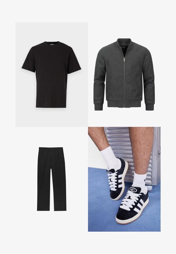 Dunkelgraue Bomberjacke mit Reißverschluss, geripptem Kragen, Bündchen und Saum. Verfügt über Seitentaschen und eine glatte Stoffstruktur.; Schwarzes Baumwoll-T-Shirt mit Rundhalsausschnitt, kurzen Ärmeln und dezentem, gesticktem Text auf der Brust. Glatte Textur, normale Passform.; Schwarze Hose mit geradem Schnitt, aus einem glatten Stoff gefertigt. Verfügt über Vorderfalten und einen einzelnen Knopfverschluss an der Taille.; Schwarze Wildledersneaker mit weißen Schnürsenkeln und drei weißen Streifen. Verfügt über ein kreisförmiges schwarzes Logo auf der Zunge und eine Gummisohle.