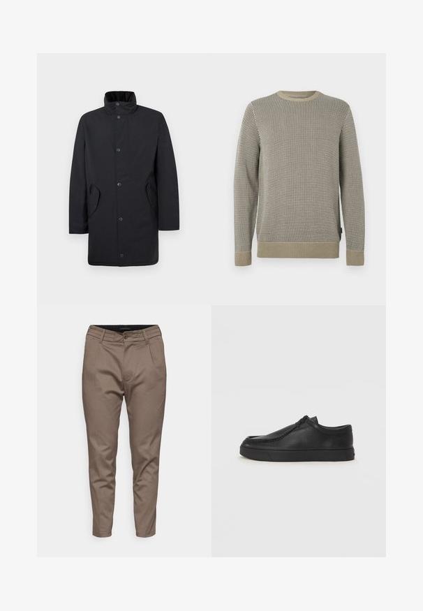 Zwarte jas met een hoge kraag, knopen aan de voorkant en zijzakken. Heeft een rechte snit en een gladde textuur voor een gestroomlijnd uiterlijk.; Pullover trui in een beige en zwart houndstooth patroon, met een ronde hals, ribgebreide manchetten en een textuurafwerking.; Bruine op maat gemaakte broek met een zachte textuur, voorzien van een sluiting met knoop aan de voorkant, ceintuurlussen en twee zijzakken.; Zwarte leren instapschoen met een ronde neus, gestikte details en een zwarte rubberen zool. Soepele textuur met een minimalistisch ontwerp.