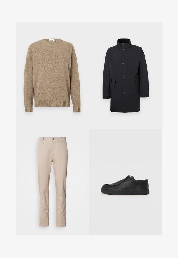 Schwarzer Mantel mit hohem Kragen, vorderen Knöpfen und seitlichen Taschen. Verfügt über einen geraden Schnitt und eine glatte Textur für einen eleganten Look.; Beige gestrickter Pullover mit Rundhalsausschnitt, langen Ärmeln und geripptem Saum. Der strukturierte Stoff enthält vereinzelte dunklere Farbnuancen.; Beige Baumwoll-Chinos mit geradem Schnitt, Gürtelschlaufen, einem einzelnen vorderen Knopf und einer glatten, untexturierten Oberfläche. Keine Taschen sind sichtbar.; Schwarze Leder-Schlupfschuhe mit runder Zehenform, genähten Details und schwarzer Gummisohle. Glatte Textur mit minimalistischem Design.