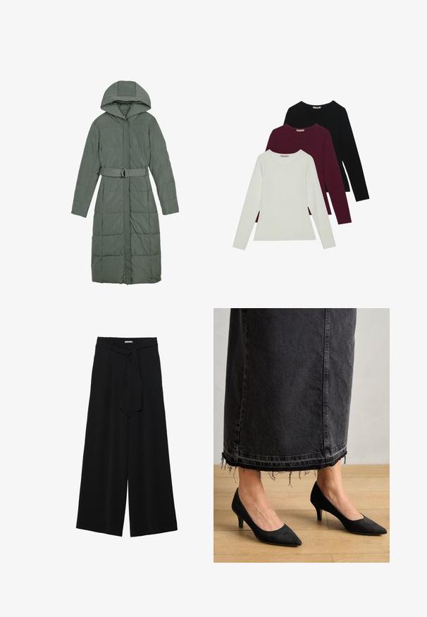 Anna Field Zimski kaput - khaki; Majice s dugim rukavima u bijeloj, burgundijskoj i crnoj boji. Izrađene od mekog materijala, s okruglim izrezom i prilagođenim krojem. Pogodne za slojevito odijevanje.; Crne široke hlače od teksturirane tkanine, s elastičnom pojasom i odvojivim remenom na struku za prilagodivo pristajanje.; Crne suede cipele na visokoj peti od 3 inča s šiljastim nosom, u kombinaciji s dugom suknjom od tamnog denima koja ima izrezane rubove.