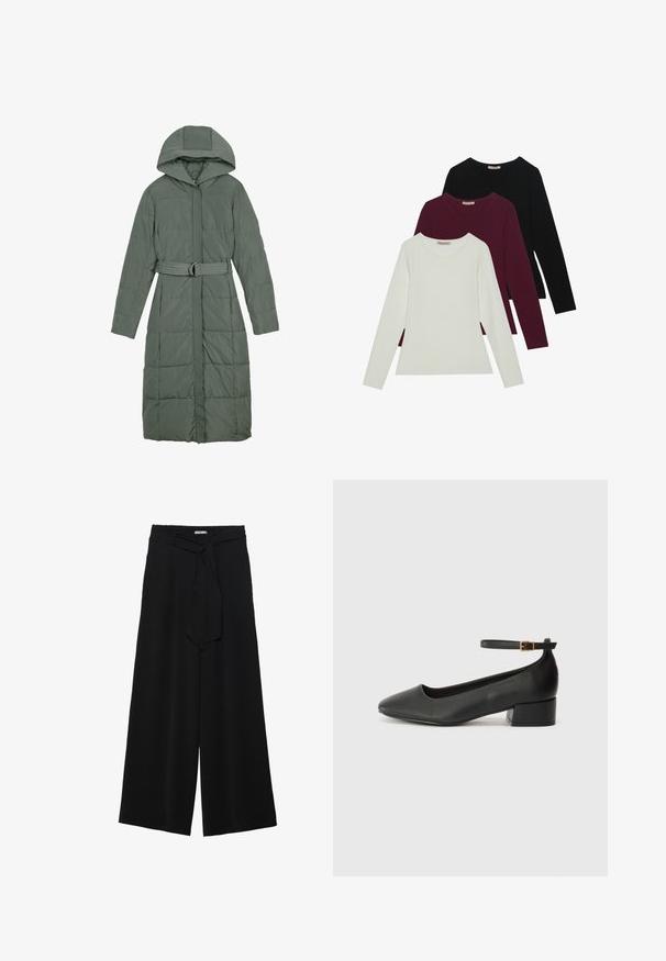 Anna Field Vinterfrakke - khaki; Langærmede T-shirts i hvid, bordeaux og sort. Lavet af blødt stof med rund halsudskæring og tætsiddende design. Velegnet til lag-på-lag.; Sorte vide bukser i en tekstureret stofkvalitet, med elastisk talje og et aftageligt bånd i taljen for justerbar pasform.; Sorte læderpumper med spids tå og en lav blokhæl. Har en ankelrem med en guldfarvet spænde. Glat tekstur.