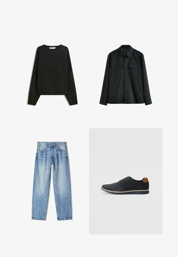 Czarna kurtka wykonana z gładkiego materiału, z kołnierzykiem, dwiema kieszeniami na piersi i zapięciem na guziki z przodu. Długie rękawy z prostymi mankietami.; Czarny sweter z dzianiny z okrągłym dekoltem, z prążkowanymi mankietami i dołem. Krój jest luźny, z opadającymi ramionami, co zapewnia swobodny wygląd.; Jasnoniebieskie dżinsy o luźnym kroju, prostych nogawkach, pięcioma kieszeniami i wyblakłej fakturze. Zawierają zamek błyskawiczny i zapięcie na guziki z przodu.; Czarne syntetyczne buty z fakturowaną cholewką, gładkimi akcentami, brązowym obcasem i kontrastującą podeszwą. Charakteryzują się minimalnym sznurowaniem i detalami w szwach.