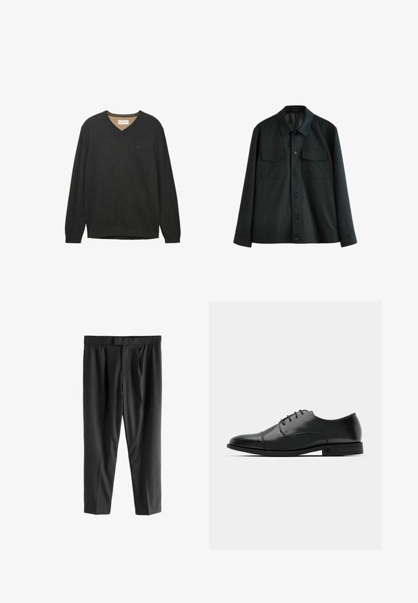 Jachetă neagră din material neted, cu guler, două buzunare pe piept și închidere cu butoane în față. Manșete simple la mânecile lungi.; Pulover negru cu decolteu în V, cu mâneci lungi, realizat dintr-un material moale și texturat. Are un logo subtil pe piept și un guler și manșete ribbate.; Next REGULAR FIT -CHECK SMART - Pantaloni chino - black; Pantofii negri din piele, cu vârful rotunjit, design cu șireturi, detalii de cusătură subtile și toc joasă. Textura netedă cu un finisaj lustruit.
