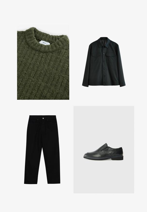Svart jacka i slätt tyg, med krage, två bröstfickor och knäppning fram. Långa ärmar med enkla manschetter.; Grön stickad tröja med hög krage, strukturerad yta och subtil vertikal ribbning. Har en sydd etikett vid halsringningen.; Svarta denimbyxor med rak passform, femficksdesign och framknäppning. Slät textur med minimala sömdetaljer.; Svart lädersko i slip-on-modell med en slät ovandel, sömnadsdetaljer, rund tå och låg gummihäl. Sulan har minimal mönstring.