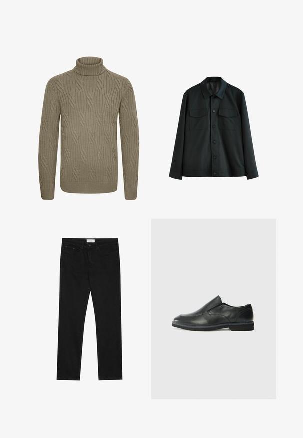 Svart jacka i slätt tyg, med krage, två bröstfickor och knäppning fram. Långa ärmar med enkla manschetter.; Beige stickad polotröja med ett strukturerat kabelmönster, långa ärmar och ribbade muddar och nederkant. Mjuk, tjock garnmaterial.; Svarta rakbenade jeans med femfickorsdesign, knappr och dragkedja, samt en Pier One-logotyp på linningen.; Svart lädersko i slip-on-modell med en slät ovandel, sömnadsdetaljer, rund tå och låg gummihäl. Sulan har minimal mönstring.