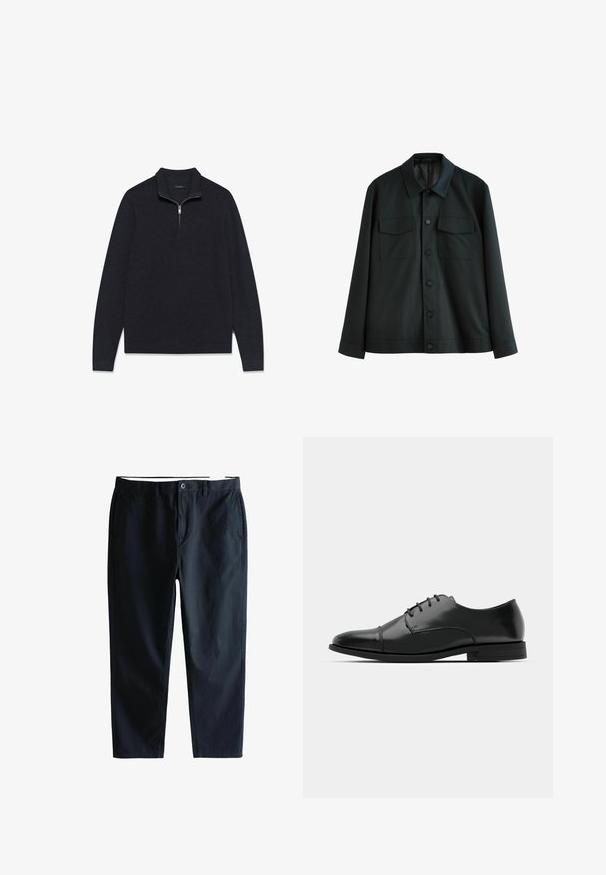Jachetă neagră din material neted, cu guler, două buzunare pe piept și închidere cu butoane în față. Manșete simple la mânecile lungi.; Pulover gri închis dintr-o țesătură texturată, cu guler cu fermoar pe jumătate și mâneci lungi, având tiv și manșete ribate.; Pantaloni din bumbac de culoare navy, cu croială dreaptă, prezentând un închidere cu nasture, bentițe pentru curea și două buzunare laterale. Textură netedă cu un finisaj ușor.; Pantofii negri din piele, cu vârful rotunjit, design cu șireturi, detalii de cusătură subtile și toc joasă. Textura netedă cu un finisaj lustruit.