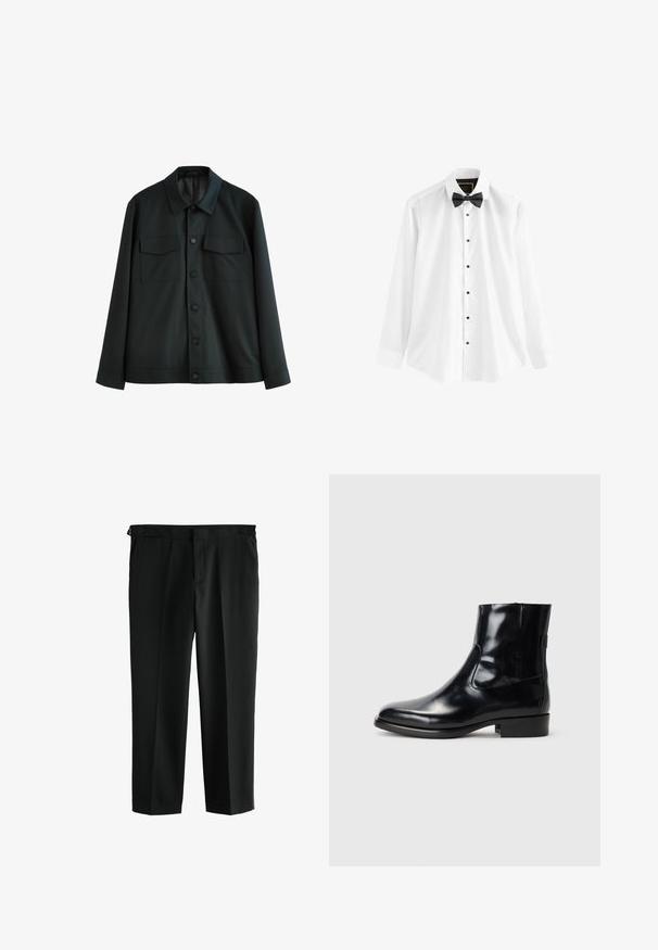 Svart jacka i slätt tyg, med krage, två bröstfickor och knäppning fram. Långa ärmar med enkla manschetter.; Vit skjorta i bomull med långa ärmar, en svart fluga och svarta knappar fram.; Svarta byxor med rak passform, tillverkade av mjukt tyg. Har två framfickor och en midja med bälteshällor.; Svarta läderskor som går upp till ankeln, med en glansig finish, slimmad design och rund tå. Utformade med elastiska sidopaneler och en låg blockklack.