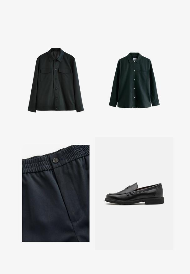 Čierna bunda z hladkej tkaniny, s golierom, dvoma náprsnými vreckami a predným zapínaním na gombíky. Dlhé rukávy s jednoduchými manžetami.; Tmavozelená košeľa na gombíky s golierom, dlhými rukávmi a jednou náprsní kapsou; má biele gombíky a jemnú textúru.; Námornícka modrá, ľahký materiál s hladkou štruktúrou. Obsahuje elastický pás so zapínaním na gombík a jednu bočnú vrecko.; Čierne syntetické poltopánky s výrazným prešitým predným detailom, vycpanou vnútornou stielkou a plochou gumovou podrážkou; elegantný dizajn s minimálnym zdobením.
