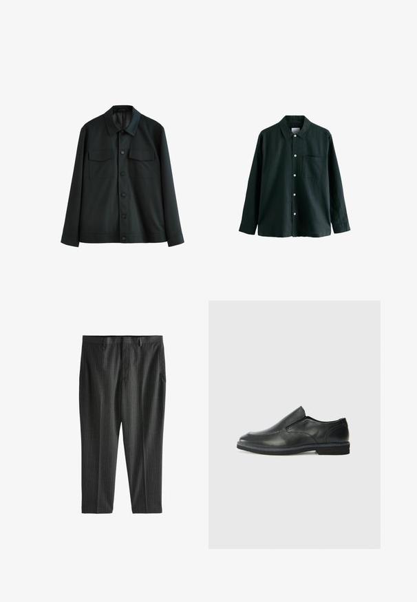 Schwarze Jacke aus glattem Stoff, mit einem Kragen, zwei Brusttaschen und einem Knopfverschluss vorne. Lange Ärmel mit schlichten Manschetten.; Dunkelgrünes Hemd mit Knöpfen, einem Kragen, langen Ärmeln und einer einzelnen Brusttasche; verfügt über weiße Knöpfe und eine weiche Textur.; Next STRIPE-REGULAR FIT - Chino - charcoal grey; Schwarze Leder-Slipper mit glattem Obermaterial, gesteppten Akzenten, runder Zehenpartie und niedrigem Gummiabsatz. Die Sohle hat ein minimales Profil.