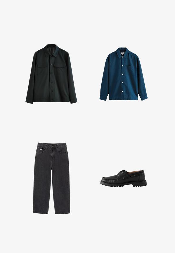 Musta takki sileästä kankaasta, jossa on kaulus, kaksi rintataskua ja nappietu. Pitkät hihat yksinkertaisilla hiharesoreilla.; Sininen pitkähihainen napitettava paita, jossa on klassinen kaulus, yksi rintatasku ja valkoiset napit. Pehmeä rakenne, jossa on hienovaraista kiiltoa.; Mustat suorat farkut, joissa on viisi taskua ja nappikiinnitys, etu-oikeassa taskussa pieni valkoinen logo.; Musta nahkainen veneenkenkä, jossa on pyöristetty kärki, nauhakiinnitys ja teksturoitu kumipohja. Sisältää ompeluakoristeet ja metalliset nauha-aukot.