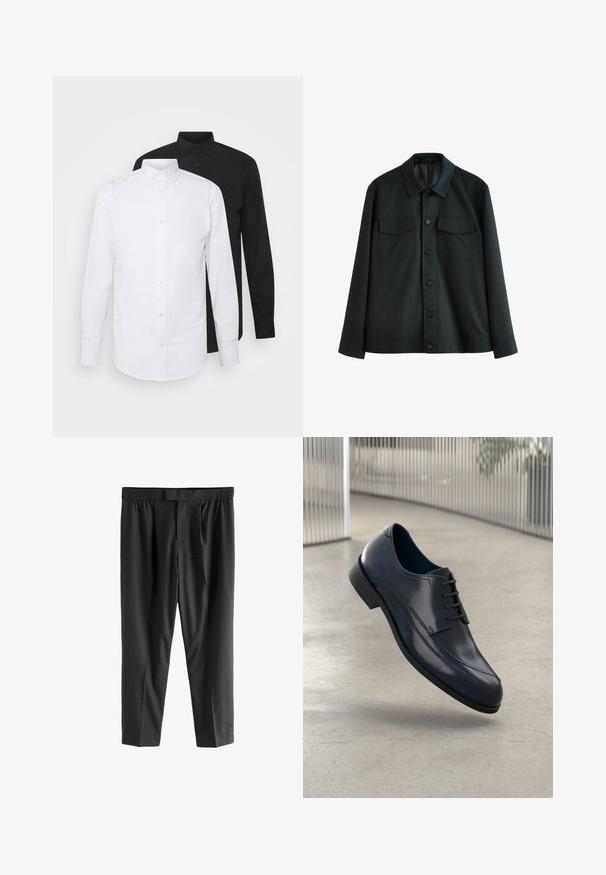 Czarna kurtka wykonana z gładkiego materiału, z kołnierzykiem, dwiema kieszeniami na piersi i zapięciem na guziki z przodu. Długie rękawy z prostymi mankietami.; Dwie koszule z długim rękawem, jedna biała, a druga czarna, z kołnierzykiem w kształcie dla i z zapięciem na guziki, wykonane z gładkiego materiału.; Next REGULAR FIT czarny; Lśniący czarny skórzany but na obcasie z sznurówkami, unoszący się nad gładką, jasnoszarym podłogą oraz pionowymi metalowymi prętami w tle.