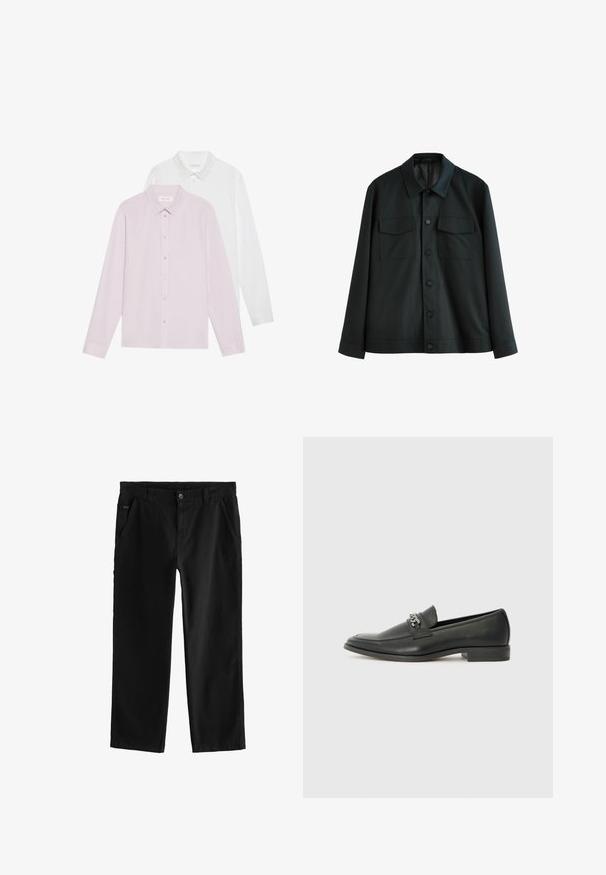Zwarte jas van gladde stof, met een kraag, twee borstzakken en een knoopsluiting aan de voorkant. Lange mouwen met plain manchetten.; Twee overhemden met lange mouwen: één lichtroze, één wit. Beide hebben een spitse kraag en knoopsluiting. Glad stof zonder patronen.; Zwarte katoenen broek met een rechte pijpdesign, voorzien van een knoopsluiting aan de voorkant, schuine zijzakken en subtiele stikdetails.; Zwarte leren instapper met een gladde afwerking, voorzien van een gestikt ontwerp en een decoratieve metalen kettingaccent over de wreef. Platte hak.