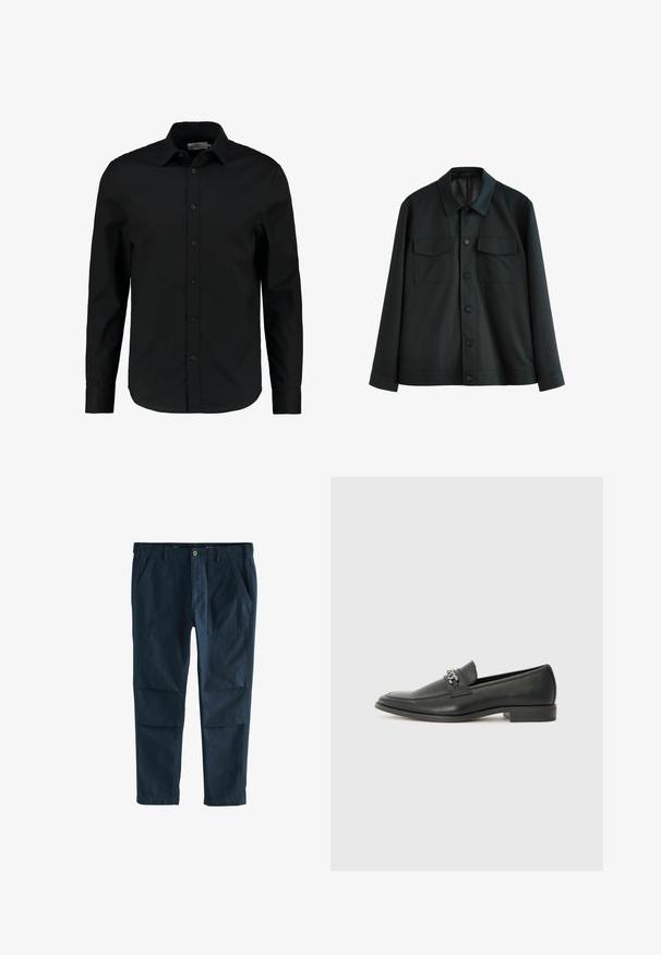 Jachetă neagră din material neted, cu guler, două buzunare pe piept și închidere cu butoane în față. Manșete simple la mânecile lungi.; Cămașă neagră cu mâneci lungi, confecționată dintr-un material neted, cu închidere cu nasturi în față, guler ascuțit și o croială ajustată cu un tiv curbat.; Pantaloni din bumbac de culoare bleumarin, cu croială regulară, având două buzunare laterale și detalii distincte pe panoul frontal. Textură netedă, picioare drepte.; Pantofii negri din piele cu un finisaj neted, având un design cusut și un accent decorativ de lanț metalic peste partea de sus. Toc plat.
