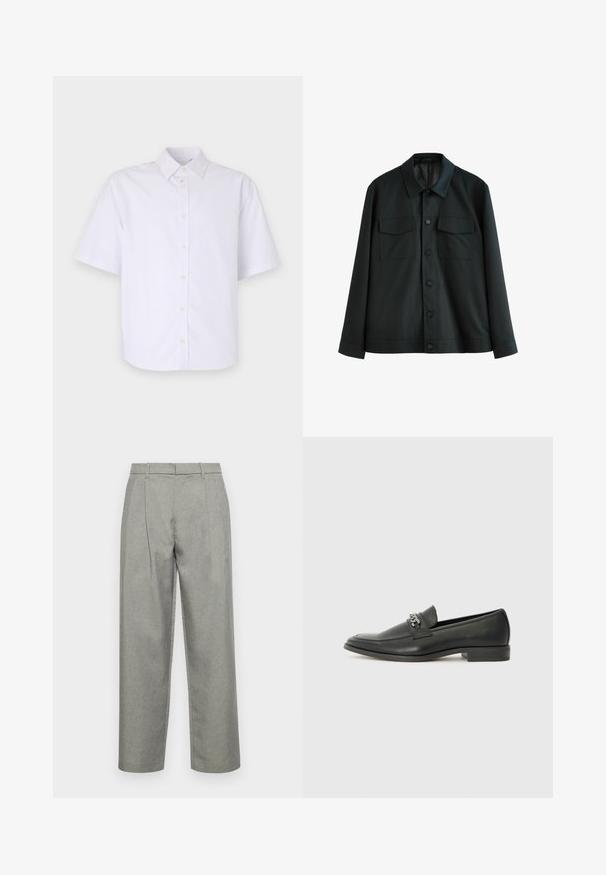 Schwarze Jacke aus glattem Stoff, mit einem Kragen, zwei Brusttaschen und einem Knopfverschluss vorne. Lange Ärmel mit schlichten Manschetten.; Kurzärmliges, knöpfbares Hemd aus knackiger weißer Baumwolle. Mit klassischem Kragen, geradem Saum und dezenten Knöpfen an der Vorderseite.; Graue maßgeschneiderte Hose aus strukturiertem Stoff mit geradem Bein, Bundfalten und einem Standardbund mit Gürtelschlaufen.; Schwarzer Lederloafer mit glatter Oberfläche, ausgestattet mit einer gesteppten Gestaltung und einem dekorativen Metallkettendetail über dem Vorderblatt. Flacher Absatz.
