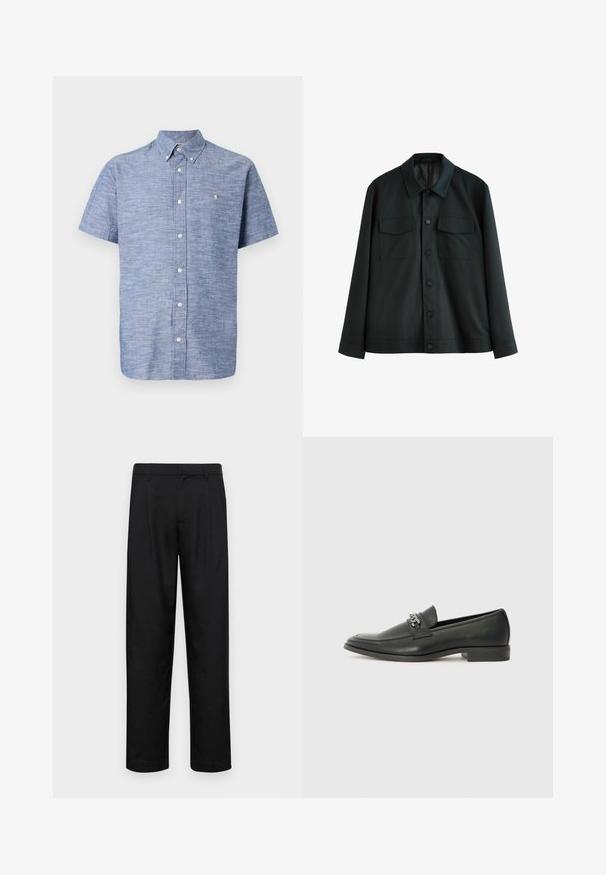 Czarna kurtka wykonana z gładkiego materiału, z kołnierzykiem, dwiema kieszeniami na piersi i zapięciem na guziki z przodu. Długie rękawy z prostymi mankietami.; Koszula z krótkim rękawem zapinana na guziki w jasnoniebieskiej fakturowanej tkaninie. Posiada kołnierzyk, listwę z guzikami z przodu oraz małą emblematykę w okolicy klatki piersiowej.; Czarne spodnie wykonane z gładkiego materiału, z prostą nogawką, dwoma fałdami z przodu oraz standardowym paskiem z wypustkami na pasek.; Czarne skórzane mokasyny o gładkim wykończeniu, z haftowanym wzorem i dekoracyjnym akcentem z metalowego łańcucha na wierzchu. Płaska pięta.