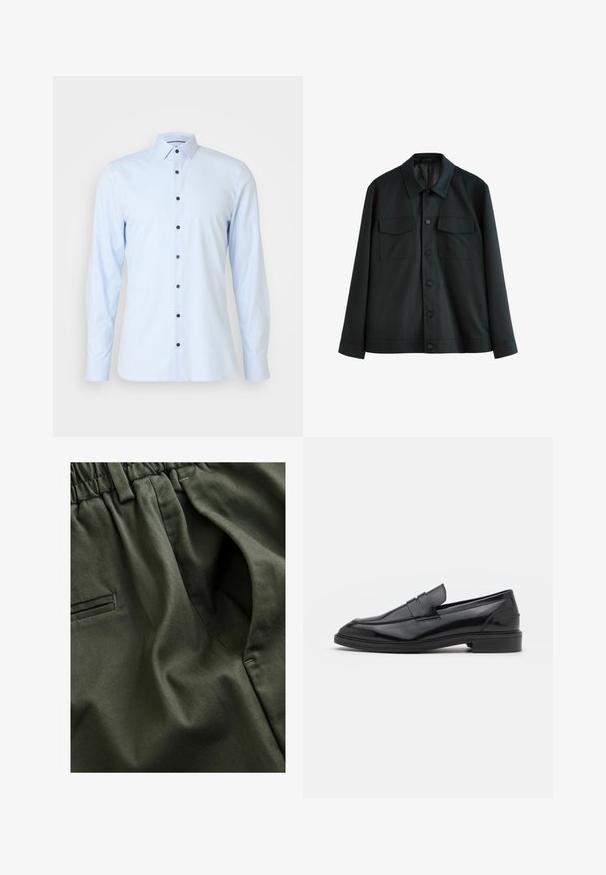 Schwarze Jacke aus glattem Stoff, mit einem Kragen, zwei Brusttaschen und einem Knopfverschluss vorne. Lange Ärmel mit schlichten Manschetten.; Helles blaues Langarmhemd aus glattem Stoff, mit traditionellem Kragen und dunkelblauen Knöpfen, die vorne verlaufen.; Olivgrüner Stoff mit weicher Textur; verfügt über einen elastischen Bund und Seitentaschen; glatte Nähte sind sichtbar.; Schwarze Lederloafers mit glatter Oberfläche, runder Spitze und schmalem Riemen über dem Obermaterial. Niedriger, gestapelter Absatz.