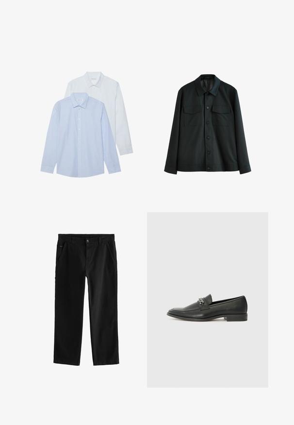 Svart jacka i slätt tyg, med krage, två bröstfickor och knäppning fram. Långa ärmar med enkla manschetter.; Två långärmade skjortor: en ljusblå med tunna vertikala ränder, den andra enfärgad vit. Båda har kragar och knäppning framtill.; Svarta bomullsbukser med en rak bendesign, med en framknap stängning, snedställda sidofickor och subtila sömnadsdetaljer.; Svart läderloafers med en slät yta, med en sydd design och en dekorativ metallkedjeaccent över västen. Platt häldesign.