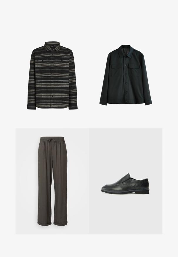 Črna jakna iz gladkega blaga, z ovratnikom, dvema žepa na prsih in gumbom za zapiranje spredaj. Dolgi rokavi s preprosto manšeto.; Črna majica z dolgimi rokavi z vodoravnimi sivo-belimi črtami, z gumbi spredaj in dvema žepoma na prsih. Narejena iz mehkega materiala z teksturiranim zaključkom.; Temno siva široka hlače z elastičnim pasom, izdelane iz mehke, strukturirane tkanine, z zavihanimi manšetami na gležnjih.; Črne usnjene natikače z gladkim zgornjim delom, prišitimi detajli, zaobljenim nosom in nizkim gumijastim petkom. Podplat ima minimalen profil.