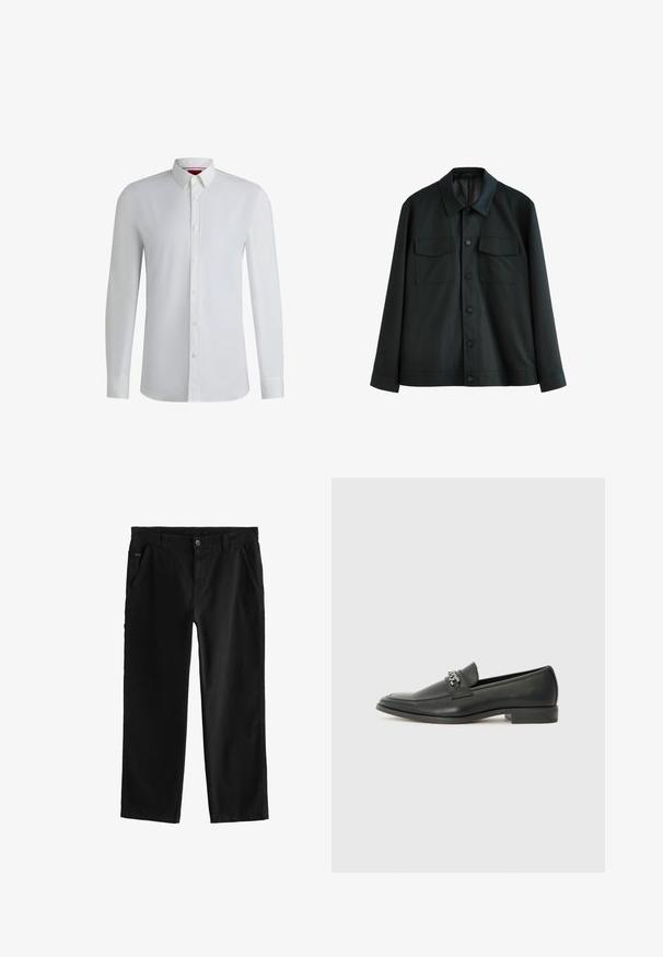 Zwarte jas van gladde stof, met een kraag, twee borstzakken en een knoopsluiting aan de voorkant. Lange mouwen met plain manchetten.; Witte lange mouwen shirt met een kraag met knopen, met een zachte textuur, rechte snit en subtiele details langs de voorkant van de knoopsluiting.; Zwarte katoenen broek met een rechte pijpdesign, voorzien van een knoopsluiting aan de voorkant, schuine zijzakken en subtiele stikdetails.; Zwarte leren instapper met een gladde afwerking, voorzien van een gestikt ontwerp en een decoratieve metalen kettingaccent over de wreef. Platte hak.