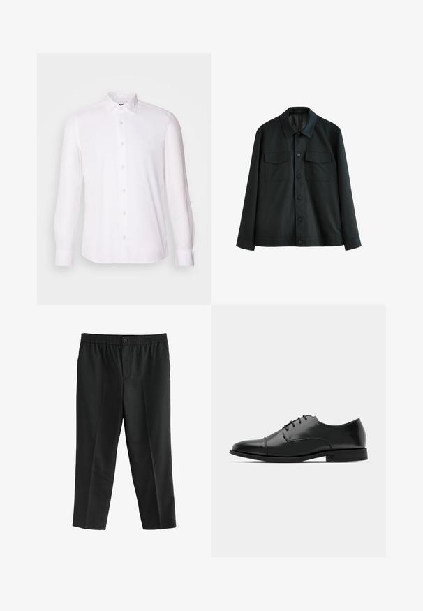 Črna jakna iz gladkega blaga, z ovratnikom, dvema žepa na prsih in gumbom za zapiranje spredaj. Dolgi rokavi s preprosto manšeto.; Bela srajca z dolgimi rokavi, izdelana iz gladkega materiala, z ovratnikom na gumbe, ki ima diskretno logo in manšete z enim gumbom.; Črne hlače iz tkanine z elastičnim pasom in enim gumbom. Ravnine kroj brez vidnih žepov.; Črne usnjene moške čevlje z zaobljenim nosom, s sistemom vezalk, diskretnimi šivi in nizkih petah. Gladka tekstura s sijočim zaključkom.