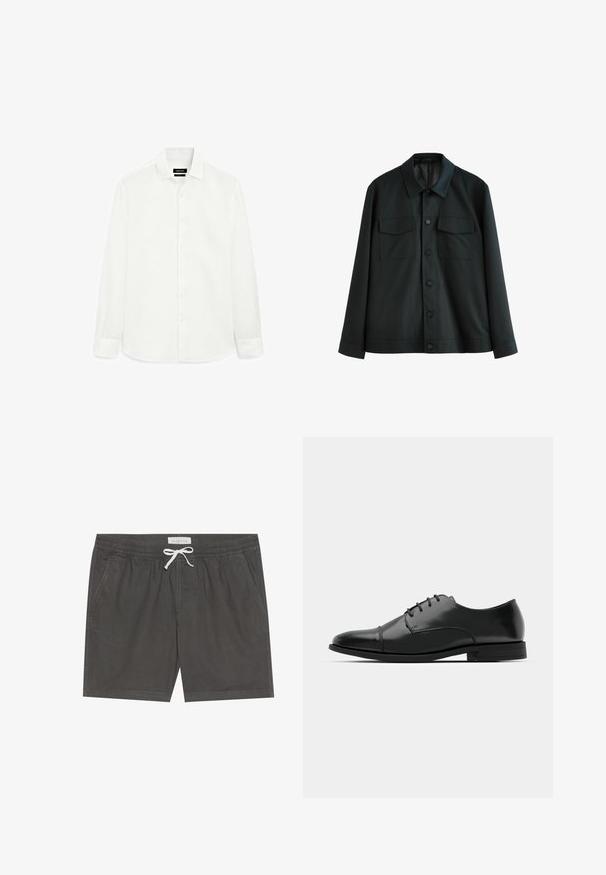 Giacca nera realizzata in tessuto morbido, con colletto, due tasche sul petto e chiusura frontale con bottoni. Maniche lunghe con polsini semplici.; Camicia bianca a maniche lunghe realizzata in tessuto morbido, con colletto classico, chiusura frontale con bottoni e orlo dritto. Senza motivi o accenti.; Costumi da bagno grigi realizzati in tessuto morbido, dotati di una cintura elastica con un cordoncino bianco, dettagli cuciti e tasche laterali.; Scarpa da uomo in pelle nera con punta rotonda, design con lacci, dettagli di cucitura discreti e tacco basso. Texture liscia con finitura lucida.