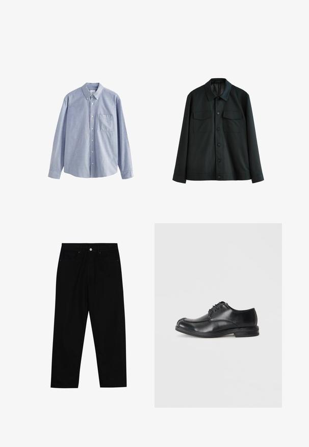 Juodas švarkas, pagamintas iš lygios medžiagos, turi apykaklę, dvi krūtinės kišenes ir mygtukinį užsegimą. Ilgos rankovės su paprastais manžetais.; Šviesiai mėlynas ilgomis rankovėmis marškinis, pagamintas iš medvilnės, su mygtukų įsegimu, šešiais mygtukais ir krūtinės kišene, pasižymintis švelniu paviršiumi.; Juoda džinsinė kelnė su tiesiu kirpimu, penkių kišenių dizainu ir priekiniais mygtukais. Lygus paviršius su minimaliu siuvimo detalėmis.; Juodi odiniai bateliai su raišteliais, su apvalia nosimi, lygiu paviršiumi ir žemu kulnu. Yra siuvimo detalės viršuje ir šonuose.