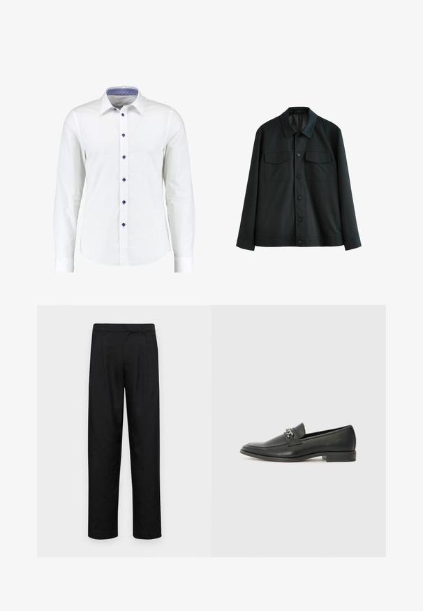 Schwarze Jacke aus glattem Stoff, mit einem Kragen, zwei Brusttaschen und einem Knopfverschluss vorne. Lange Ärmel mit schlichten Manschetten.; Weiße Langarmbluse mit Button-Down-Kragen, ausgestattet mit blauen Akzentknöpfen und einem blauen Karomuster im Kragen.; Schwarze Hose aus glattem Stoff, mit geradem Bein Design, zwei vorderen Falten und einem Standardbund mit Gürtelschlaufen.; Schwarzer Lederloafer mit glatter Oberfläche, ausgestattet mit einer gesteppten Gestaltung und einem dekorativen Metallkettendetail über dem Vorderblatt. Flacher Absatz.