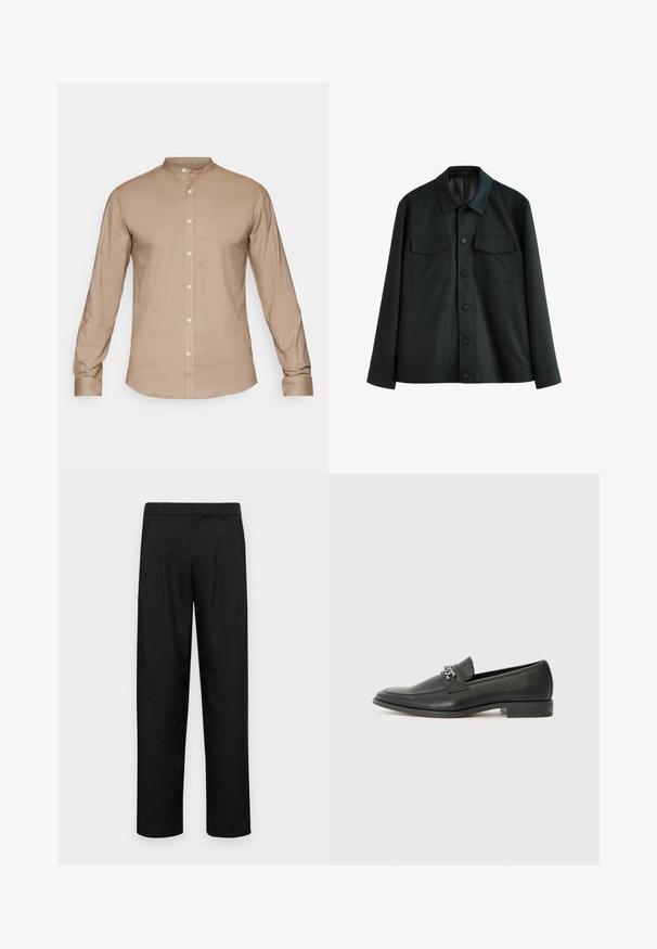 Czarna kurtka wykonana z gładkiego materiału, z kołnierzykiem, dwiema kieszeniami na piersi i zapięciem na guziki z przodu. Długie rękawy z prostymi mankietami.; Beżowa koszula z kołnierzykiem, z długimi rękawami, z przodem na guziki i gładką fakturą. Charakteryzuje się subtelnym połyskiem, standardowymi mankietami i brakiem wzorów.; Czarne spodnie wykonane z gładkiego materiału, z prostą nogawką, dwoma fałdami z przodu oraz standardowym paskiem z wypustkami na pasek.; Czarne skórzane mokasyny o gładkim wykończeniu, z haftowanym wzorem i dekoracyjnym akcentem z metalowego łańcucha na wierzchu. Płaska pięta.