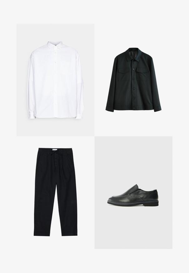 Fekete dzseki sima anyagból, amelynek gallérja, két mellzsebe és gombos elülső záródása van. Hosszú ujjak egyszínű mandzsettával.; Fehér ing, gallérral, hosszú ujjakkal és egyetlen mellzsebbel. Pamutból készült, sima, ropogós textúrával.; Pier One Vászonnadrágok - black; Fekete bőr, slip-on cipő sima felsőrésszel, varrott díszítéssel, lekerekített orral és alacsony gumitalppal. A talpa minimális bordázattal rendelkezik.